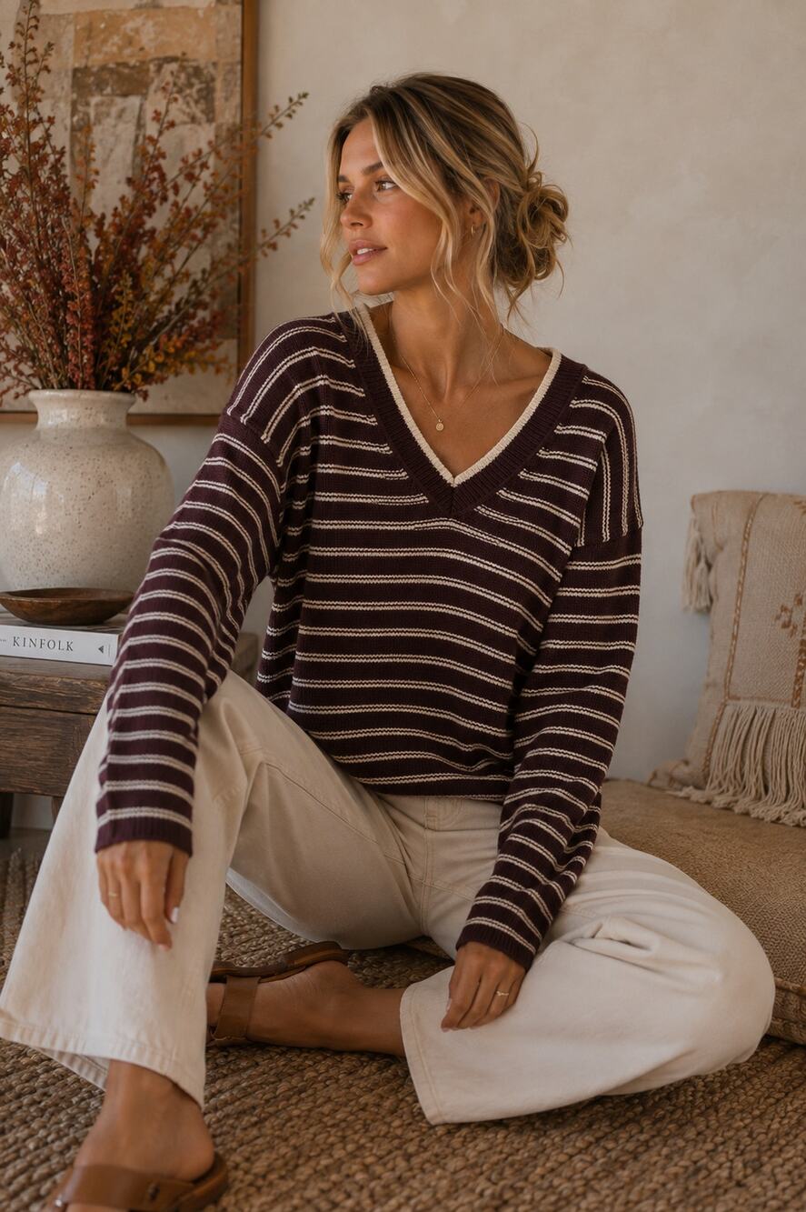 American Eagle Maroon White Striped V-Neck
Oversized Slouchy Knit Sweater